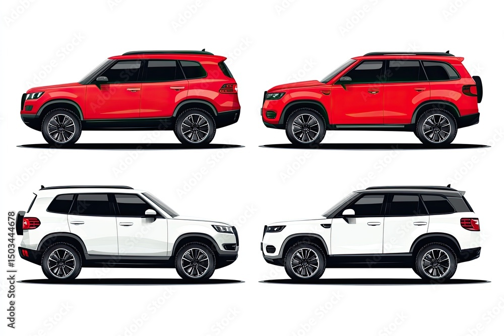 Naklejka premium Four side profile SUV illustrations, two red, two white