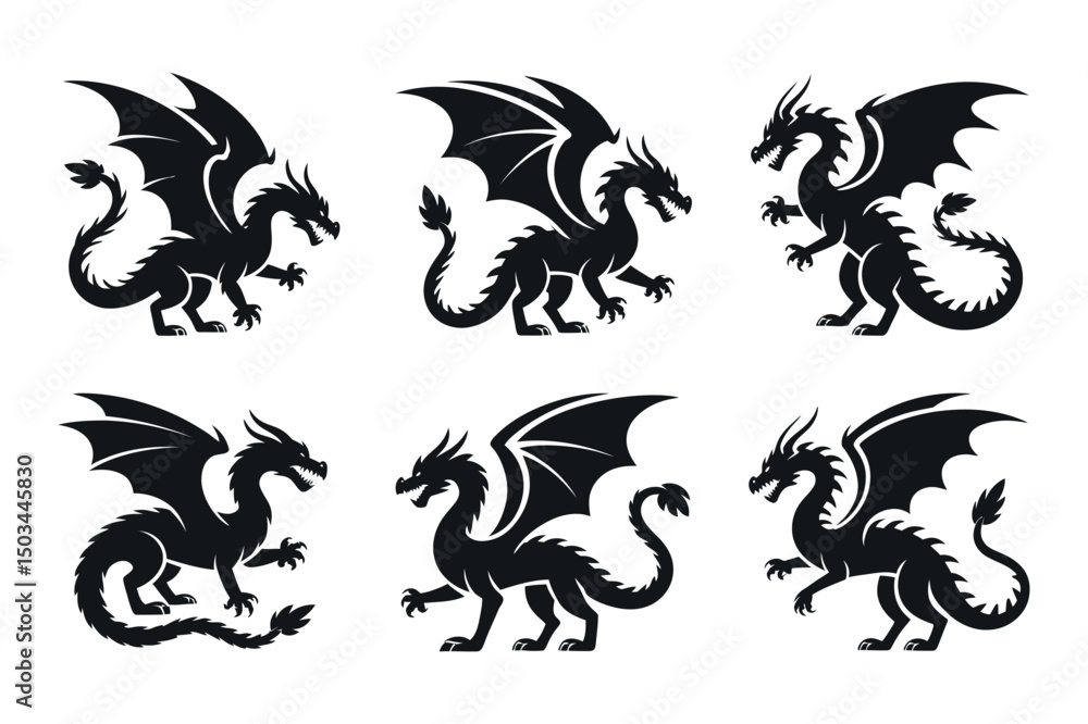 Fototapeta premium Six Black Silhouette Dragons Set Collection Winged Mythological Creatures