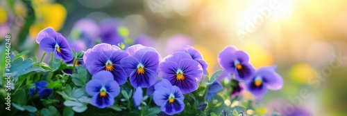 Tranquil Garden Scene: Vibrant Purple Pansies Bathed in Sunny Glow with Soft Blurred Background