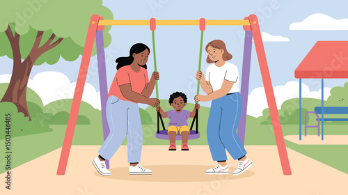 Two Moms Playing with Their Toddler at a Playground