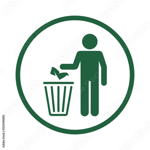 Green Icon of Person Throwing Trash in Bin for Recycling and Waste Disposal