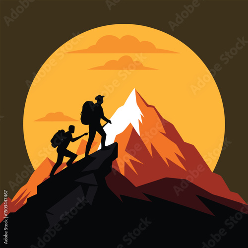 Two mountain climbers reaching a summit at sunrise