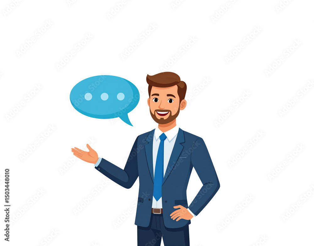 Cartoon Businessman Presenting with Speech Bubble Wearing Blue Suit and Tie Cartoon Businessman Presenting with Speech Bubble Wearing Blue Suit and Tie