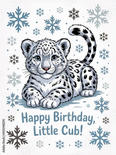 Snowy snowflakes surround a cute snow leopard cub lying on a white background