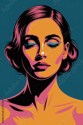 Stylish woman with blue eyeliner and bright skin tones poses confidently against a teal backdrop