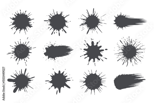 Twelve Ink Splatter Designs Isolated on White Background Vector Illustration