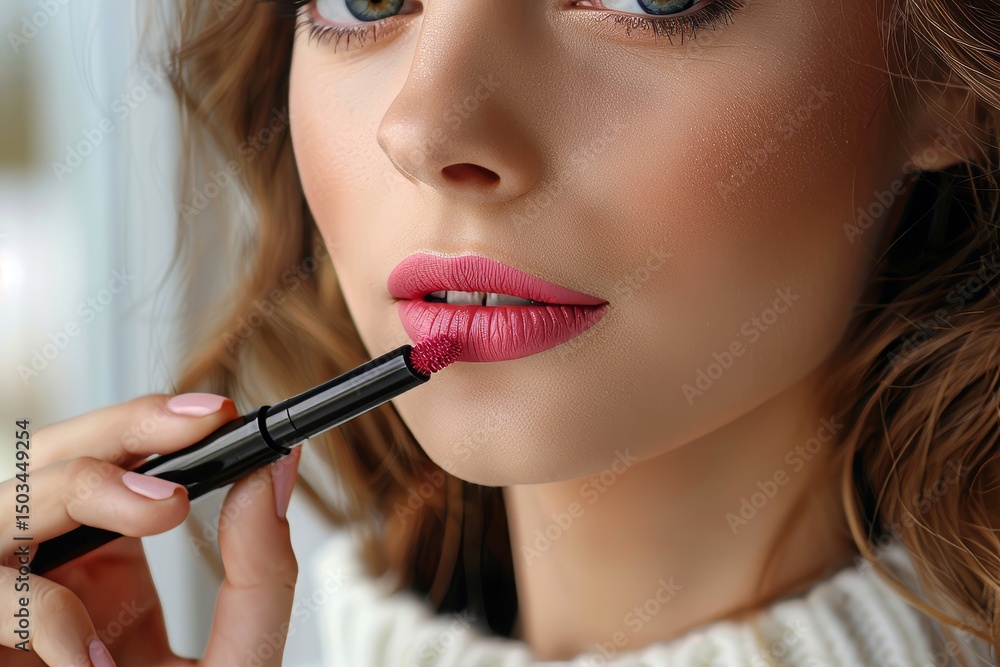 Close up of a woman applying pink lipstick from a teal tube with a soft focus background Close up of a woman applying pink lipstick from a teal tube with a soft focus background