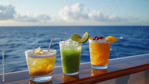 Tropical cocktails, ocean view, cruise ship, sunset