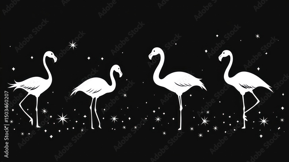 Fototapeta premium White flamingos on black background with stars