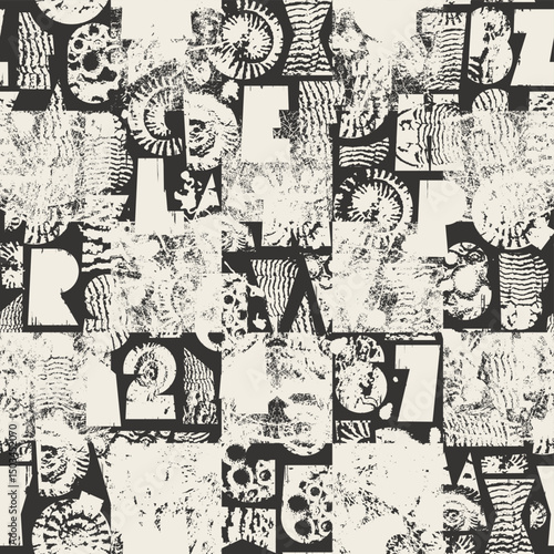 Abstract vector seamless background pattern with simple, thick font, consisting of geometric shapes on the theme of paleontology. Fabric, ceramic tiles, wallpaper, wrapping paper. No AI used.