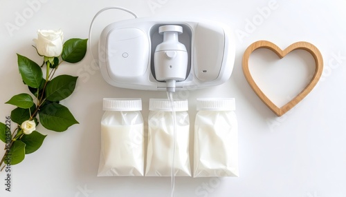 Essential Breastfeeding Scene: Pump and Milk Bags with Pink Heart Symbolizing Nutrition, Love, and Care
