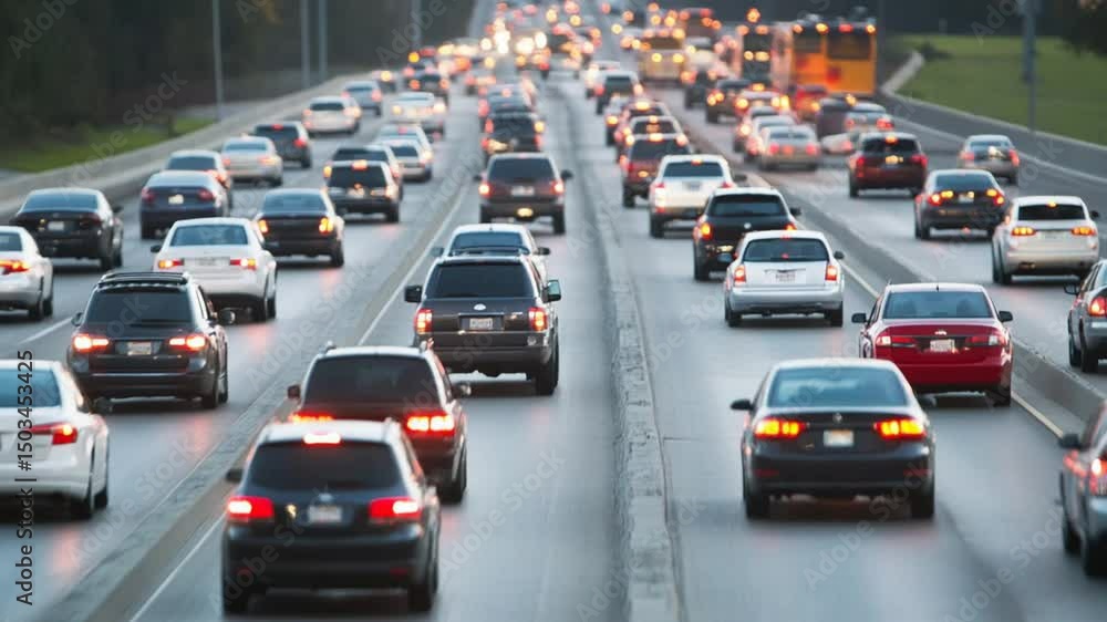 Dense Highway Congestion with Countless Cars Moving in Stream During Peak Hours Dense Highway Congestion with Countless Cars Moving in Stream During Peak Hours