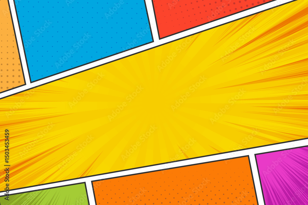 Fototapeta premium Colorful comic cartoon panels, comic background in various color and angle, blank template cartoon manga background
