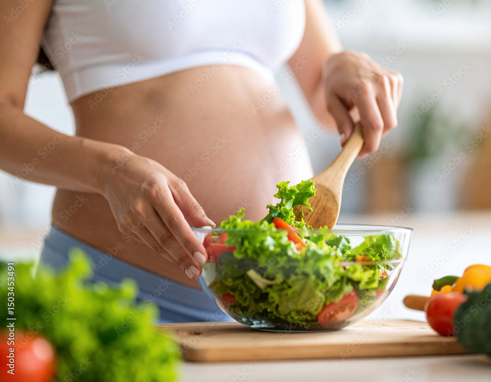 A pregnant woman in a white top is preparing a fresh vegetable salad in a bright kitchen, focusing on maintaining a healthy diet for her baby’s well-being. A pregnant woman in a white top is preparing a fresh vegetable salad in a bright kitchen, focusing on maintaining a healthy diet for her baby’s well-being.