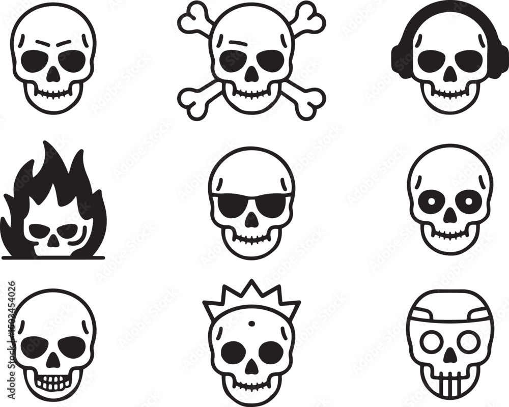 Creative skull icon set with various styles including pirate, flame, crown, and headphones, perfect for Halloween, horror themes, or tattoo art Creative skull icon set with various styles including pirate, flame, crown, and headphones, perfect for Halloween, horror themes, or tattoo art