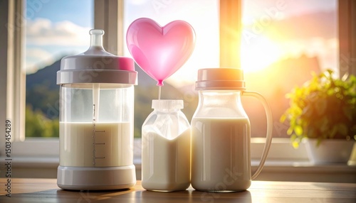 Emotional Symbol of Motherhood: Breast Pump and Milk Storage with Heart Representing Love and Infant Nutrition
