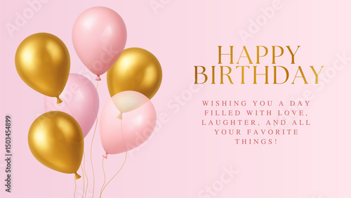 3d  Balloon Happy Birthday Day Girl Party Pink Gold Element Gift Ball Balloons Icon Vector Invitation Card