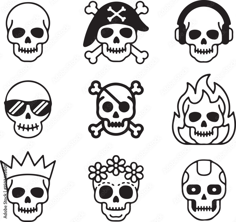 Cartoon Skull Icons Sets vector, Pirate, Cool, Flame, Crown, and Floral Skulls for Halloween and Edgy Cartoon Skull Icons Sets vector, Pirate, Cool, Flame, Crown, and Floral Skulls for Halloween and Edgy