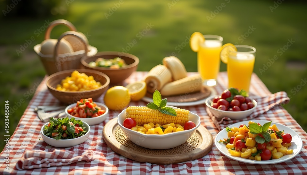 Corn and Other Food on Checkered Tablecloth Corn and Other Food on Checkered Tablecloth