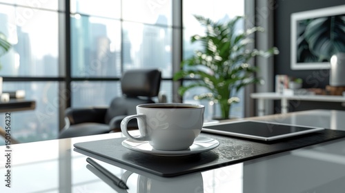 Wallpaper Mural A cup of coffee on a glass table in a chic office, in a white and gray color scheme, accompanied by an elegant tablet and stylus against a large window and a green plant. Torontodigital.ca