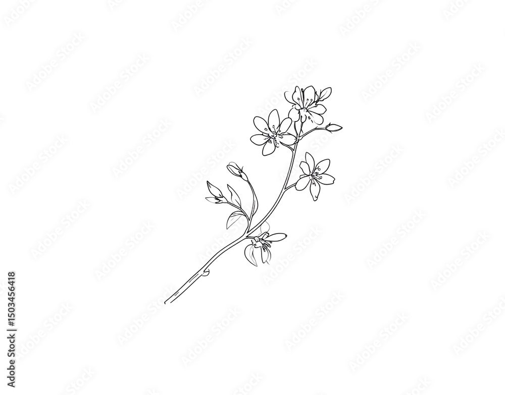 Delicate Floral Branch with FivePetaled Blossoms and Budding Leaves Outline Delicate Floral Branch with FivePetaled Blossoms and Budding Leaves Outline