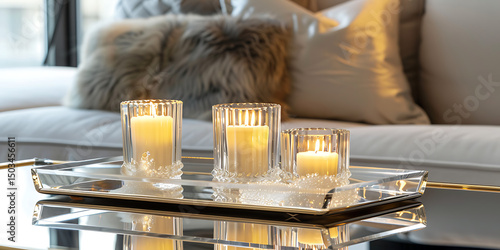 Three lit candles in elegant glass holders on decorative tray
