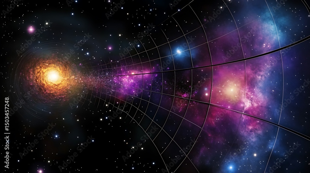 Cosmic depiction of an expanding universe with galaxies accelerating outward in all directions driven by dark energy Cosmic depiction of an expanding universe with galaxies accelerating outward in all directions driven by dark energy