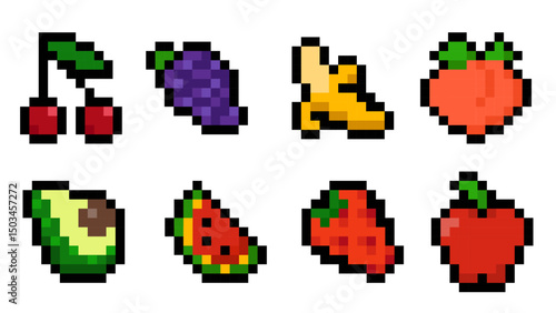 Colorful vector illustration set of 8 pixelated fruits in retro 8-bit style, including cherry, grapes, banana, peach, avocado, watermelon, strawberry, and apple. Ideal for games, mobile apps, and