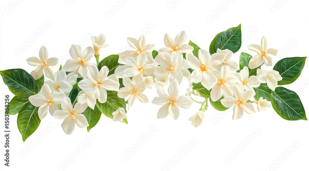 Fototapeta premium Delicate cream-colored flowers and lush leaves arranged in a horizontal banner against a white background