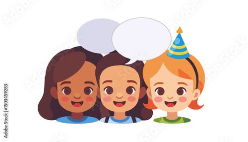 Diverse-Girls-Chatting-with-Speech-Bubbles-Celebrating-Birthday-Cute-Cartoon-Vector-Illustration-Friendship-Happy-Kids-Communication-Party-Time-Kids-Birthday