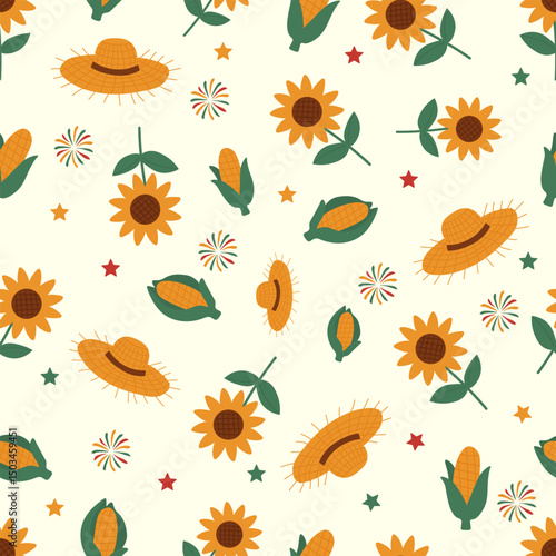 Seamless pattern with sunflowers, corn cobs, straw hats and festive fireworks. A cheerful rural-themed design for autumn festivals, harvest celebrations or farm-style packaging