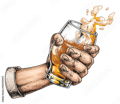 Hand holding a frosty glass of beer with foam
