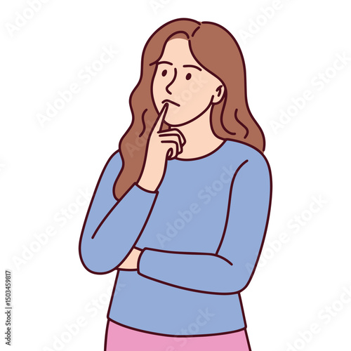 Young woman in blue top standing with one hand under her chin, representing deep thought, decision making or inner reflection. Minimal flat style character