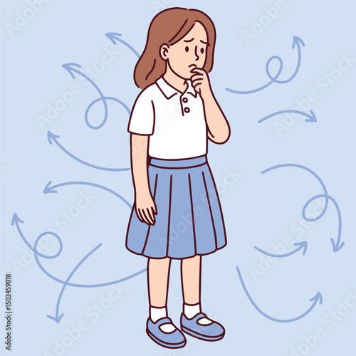 School-aged girl standing with hands on her chin, surrounded by directional arrows representing confusion, choices or indecisiveness. Useful for educational and mental health themes