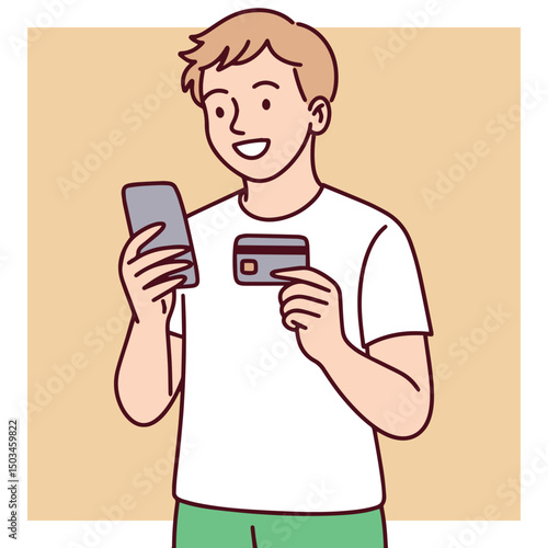 Young man using a smartphone to make an online payment while holding a credit card. Represents e-commerce, mobile banking, digital payment, and modern financial transactions