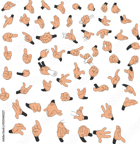 Hand Gestures and Expressions Vector Set – Collection of Diverse Hand Poses, Communication Signs, Signals, and Finger Movements for Design, Animation, and Illustration Projects