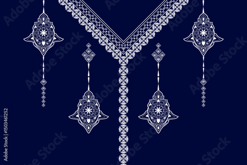 Geometric ethnic neckline flower pattern background. traditional style. decoration, textile, fabric, clothing.