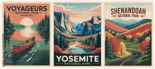 A collection of posters featuring various national parks and mountain ranges. The postcards are arranged in a grid and include Yosemite, Shenandoah, Voyageurs. Vector art illustrations