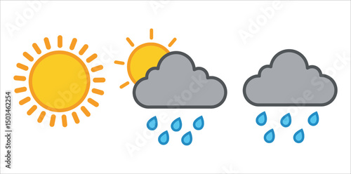 Vibrant Weather Icon Series Featuring Bright Sunny Skies, Partly Cloudy Conditions, and Steady Rainfall for Weather Apps, Educational Tools, and Nature-Inspired Designs