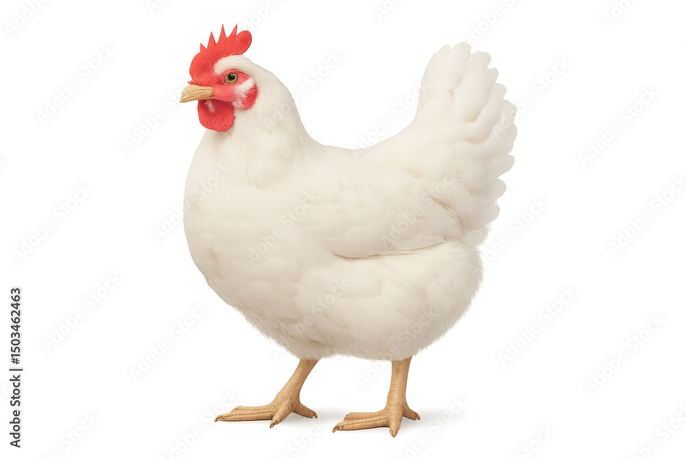 White hen standing upright, showcasing soft feathers, bright red comb, representing farm life, perfect for egg-related themes. Isolated on white background or PNG White hen standing upright, showcasing soft feathers, bright red comb, representing farm life, perfect for egg-related themes. Isolated on white background or PNG