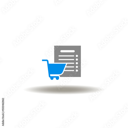 Vector illustration of document paper sheet and shopping cart. Symbol of product liability. Icon of shopping order report.