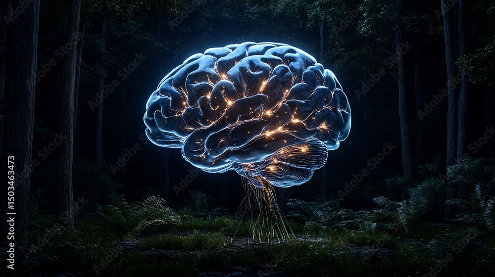 Obraz premium Neural resilience visualized a glowing brain blooming with bioluminescent roots