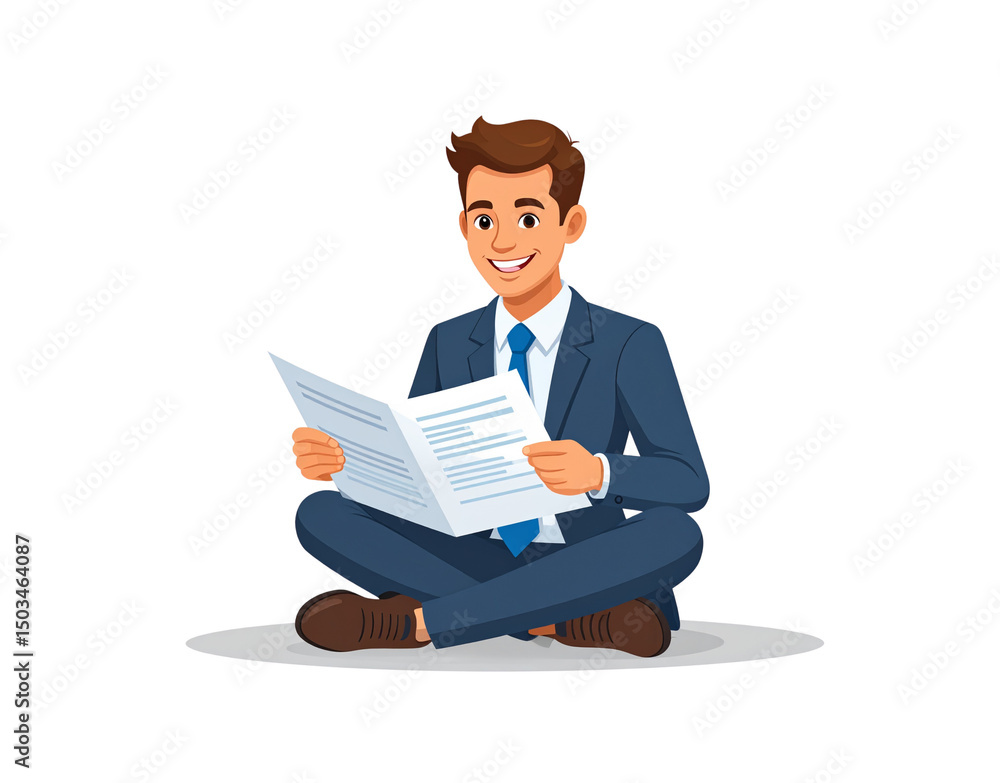 Smiling businessman in a suit sitting crosslegged reading a newspaper Smiling businessman in a suit sitting crosslegged reading a newspaper
