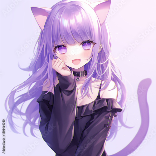 Anime cat girl with purple hair and clothes
