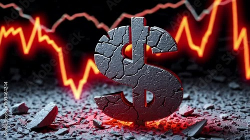 Dramatic financial downturn: crumbling dollar sign against volatile stock market graph