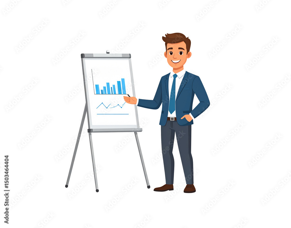 Smiling Businessman Presenting Bar Graph and Line Chart on Easel Smiling Businessman Presenting Bar Graph and Line Chart on Easel