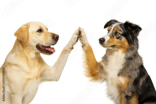 Two friendly dogs playfully touching paws, a golden retriever and an australian shepherd, conveying joy and companionship. Isolated on white background or PNG