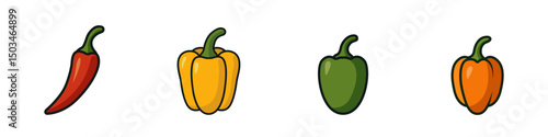 Set of colored peppers vector. Vector icon set of hot and sweet peppers. Bell pepper, chili, jalapeno, habanero. Set of fruits vector. Vector illustration.