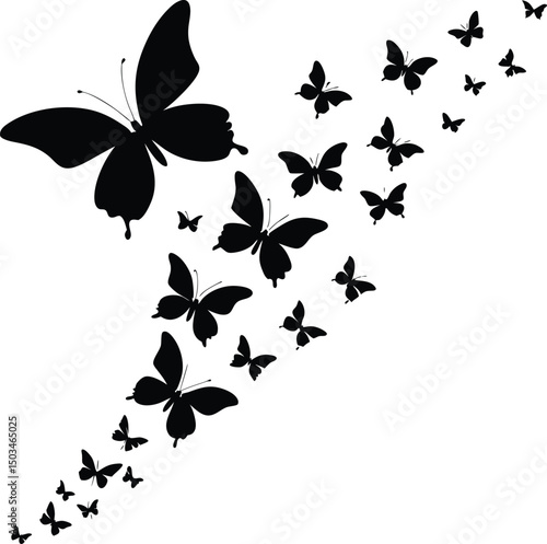 Silhouette of Butterflies Flying Upward in a Swarm on White Background