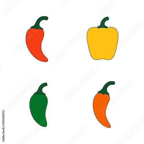 Set of hot peppers vector. Vector icon set of hot fire peppers. Chili peppers, jalapeno, habanero, cayenne. Set of fruits vector. Vector illustration.